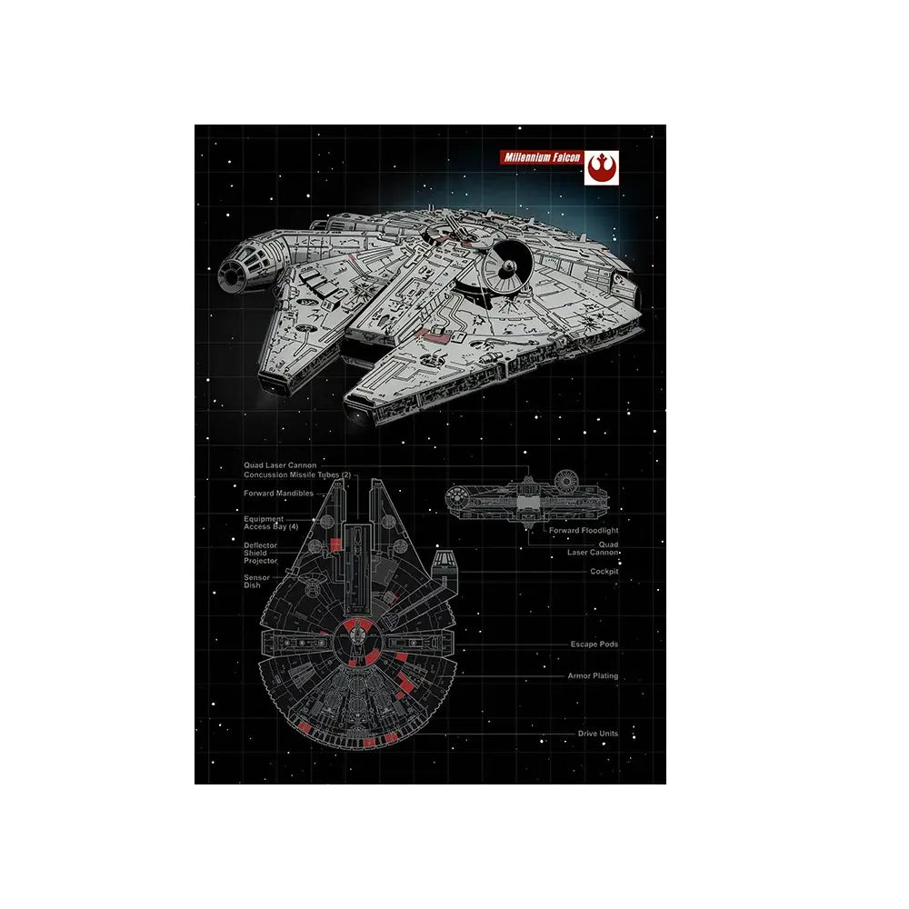 Millennium Falcon blueprint art print with labeled starship details, perfect for sci-fi home decor