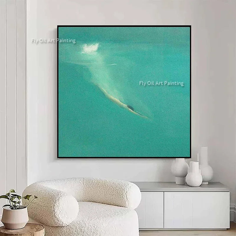 Original Blue Green People Set Sail Wall Art Decor For Room Handpainted Light Blue Seascape Fashion Oil Painting Canvas Art