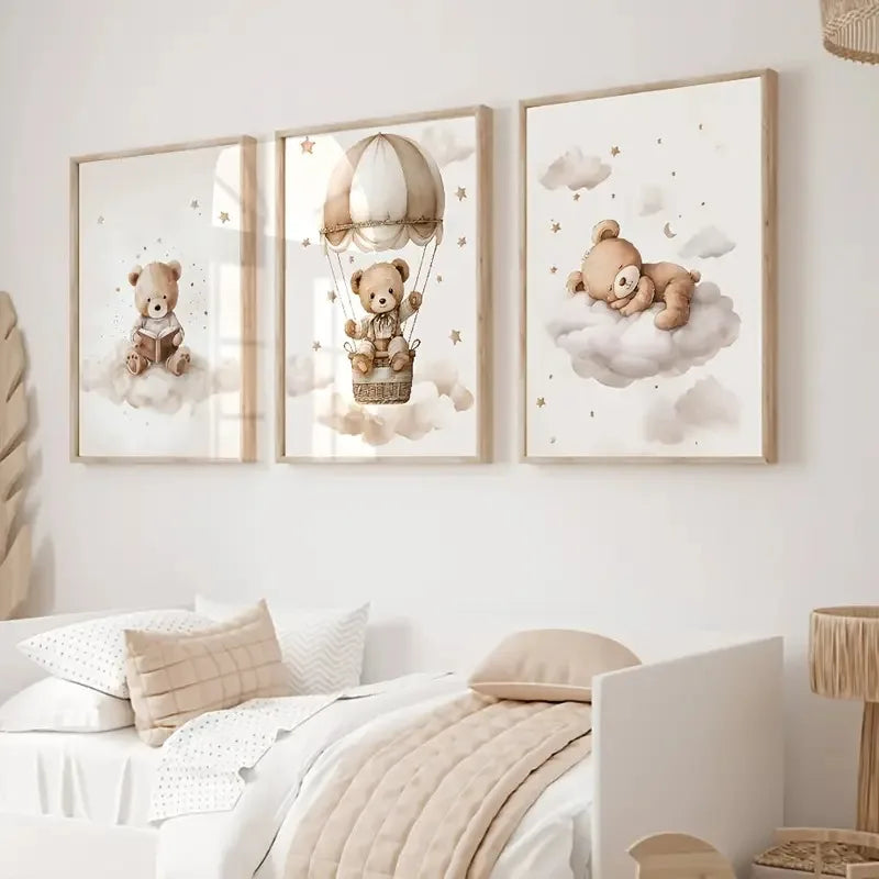 Set of 3 Boho Style Teddy Bear Nursery Wall Prints