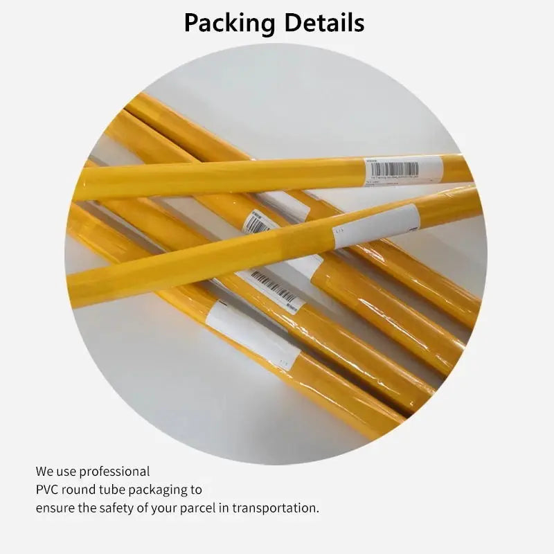 Yellow PVC tubes for safe shipping of digital art prints, labeled with barcodes for secure transport.