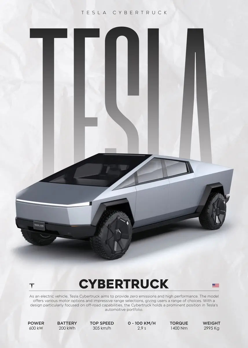 Tesla Cybertruck digital art print with specs, modern electric vehicle design for home decor