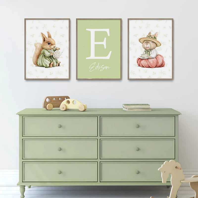 Personalised Green Rabbit Initial Prints
