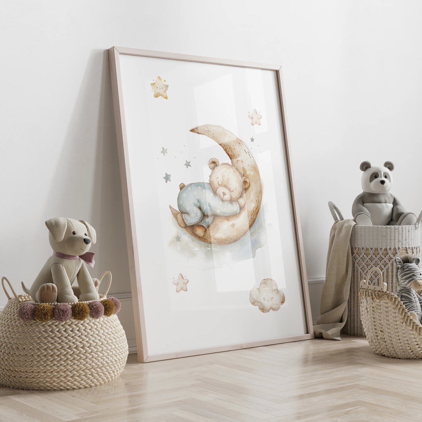 3pcs Personalized Custom Name Cartoon Blue Teddy Bear Wall Art Print Picture Canvas Poster Painting For Living Room Home Decor
