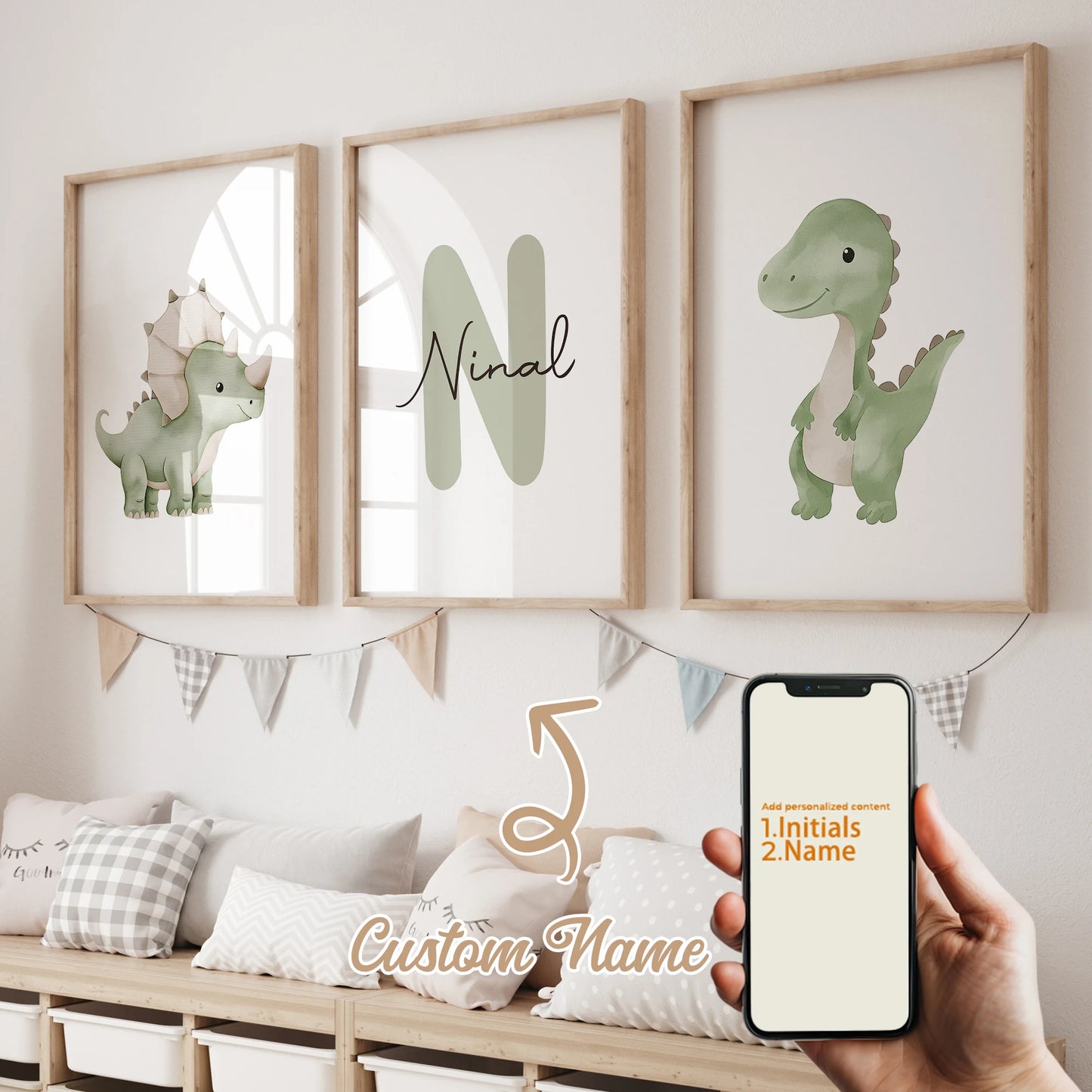 3pcs Personalized Custom Name Cartoon dinosaur Wall Art Print Picture Canvas Poster Painting For Living child Room Home Decor